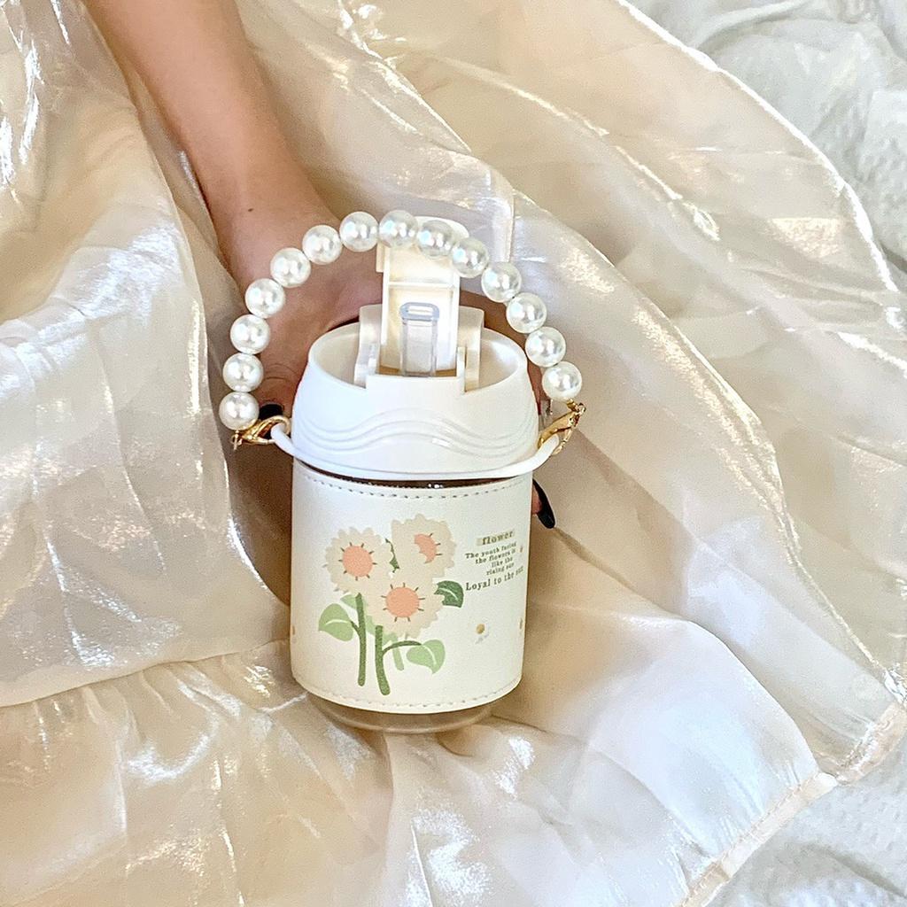 Bình thủy tinh quai hạt ngọc hình hoa tulip có ống hút 400ml