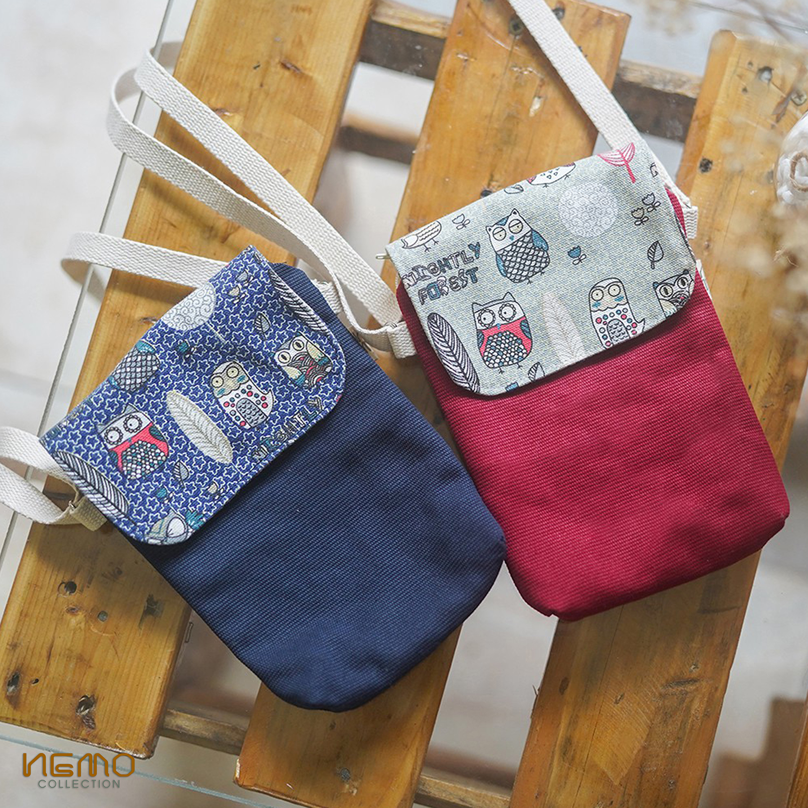 Túi Đeo Canvas, chất vải dày dặn, gồm 2 ngăn, họa tiết chim cú mèo Nemo Collection - TDC2M