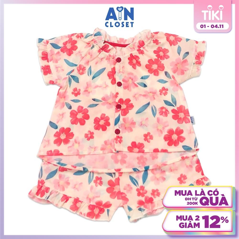 Bộ quần áo ngắn bé gái họa tiết hoa Chăm Pa đỏ cotton - AICDBG3KIIUI - AIN Closet