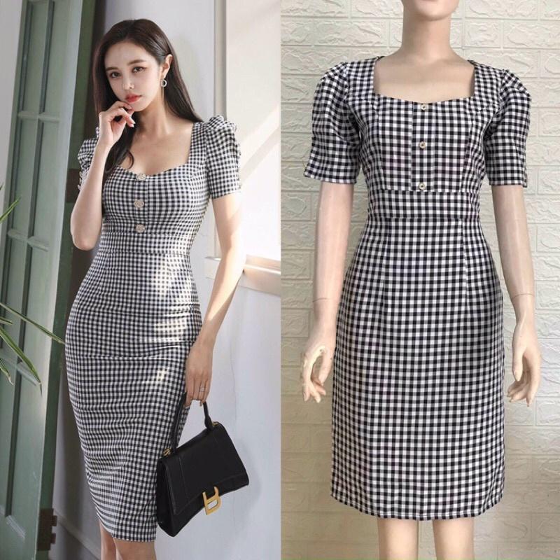 Đầm caro body đính nút tay phồng S.MLXL
