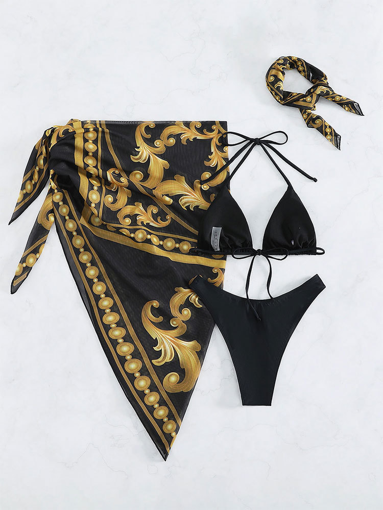 Set Bikini xốp 3 món áo óng tay phồng quần tam giác kèm khăn quấn