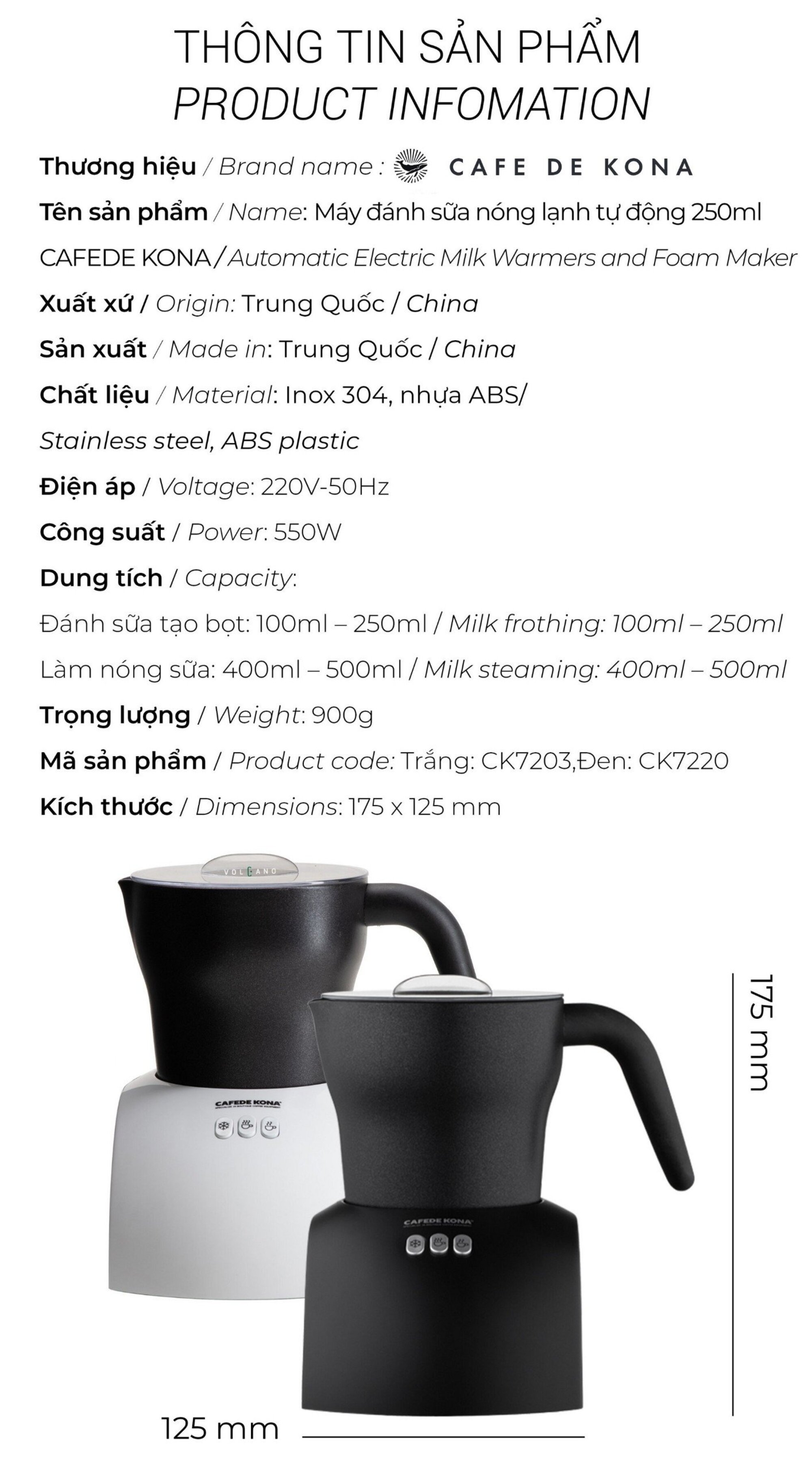 Máy đánh sữa nóng lạnh tự động 250ml CAFE DE KONA