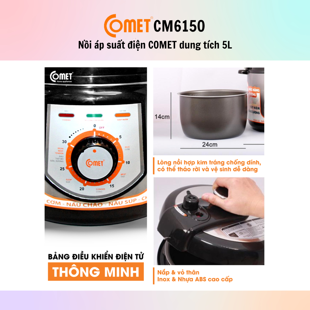 Nồi áp suất điện Comet CM6150 (5.0L) - CM6151 (6.0L) - Hàng Chính Hãng - Bảo Hành 12 Tháng