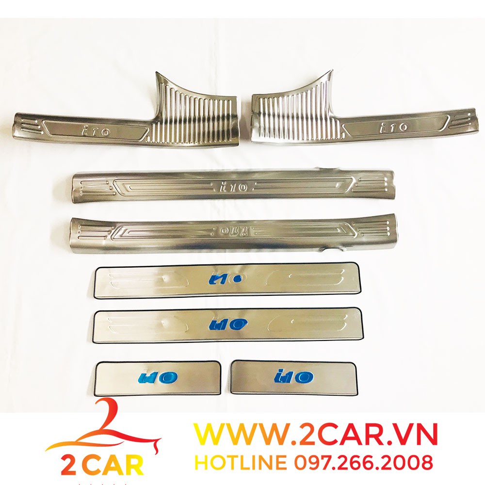 Ốp Bậc Cửa, Nẹp bước Chân Trong Ngoài Xe Hyundai i10 2014 - 2020 Hàng inox, 8 chi tiết