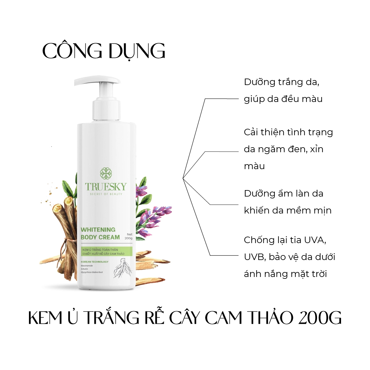 Kem ủ trắng body Truesky Whitening Body Cream chiết xuất rễ cây cam thảo