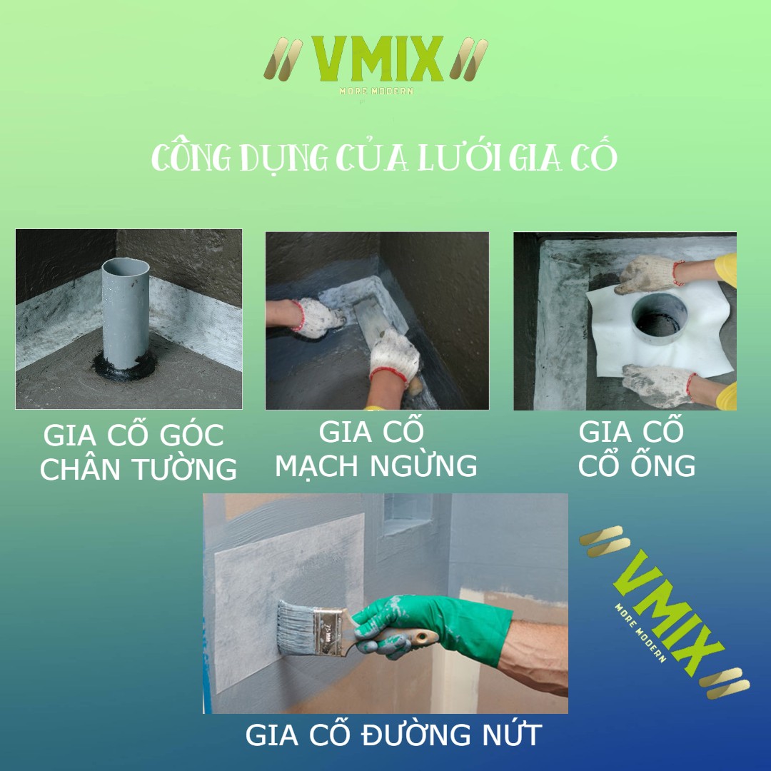 Lưới gia cố chống thấm polyester gia cường chống thấm như mạch ngừng,chân tường,cổ ống , lỗ ti sắt, VMIX TAPE 15 . Chống thấm VMIX.