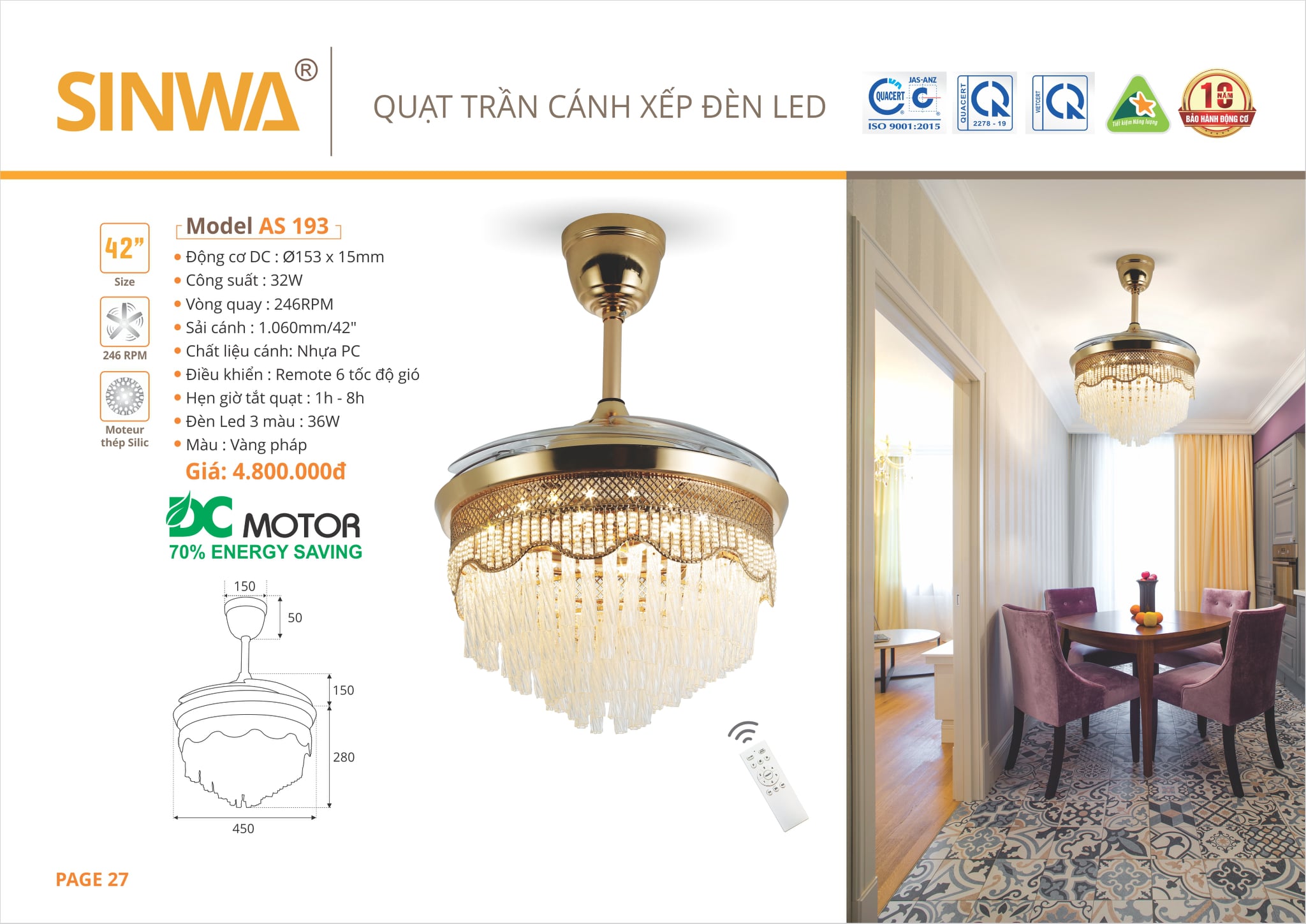 QUẠT ĐÈN TRẦN CÁNH XẾP ĐÈN LED SINWA AS 193 (Hàng chính hãng)