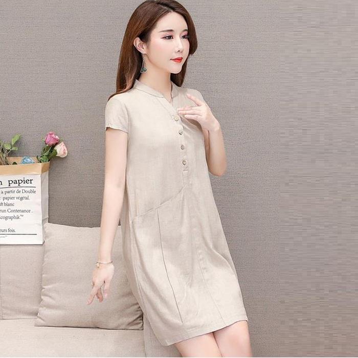 Đầm suông linen cổ bộ trụ, thời trang phong cách Hàn Quốc