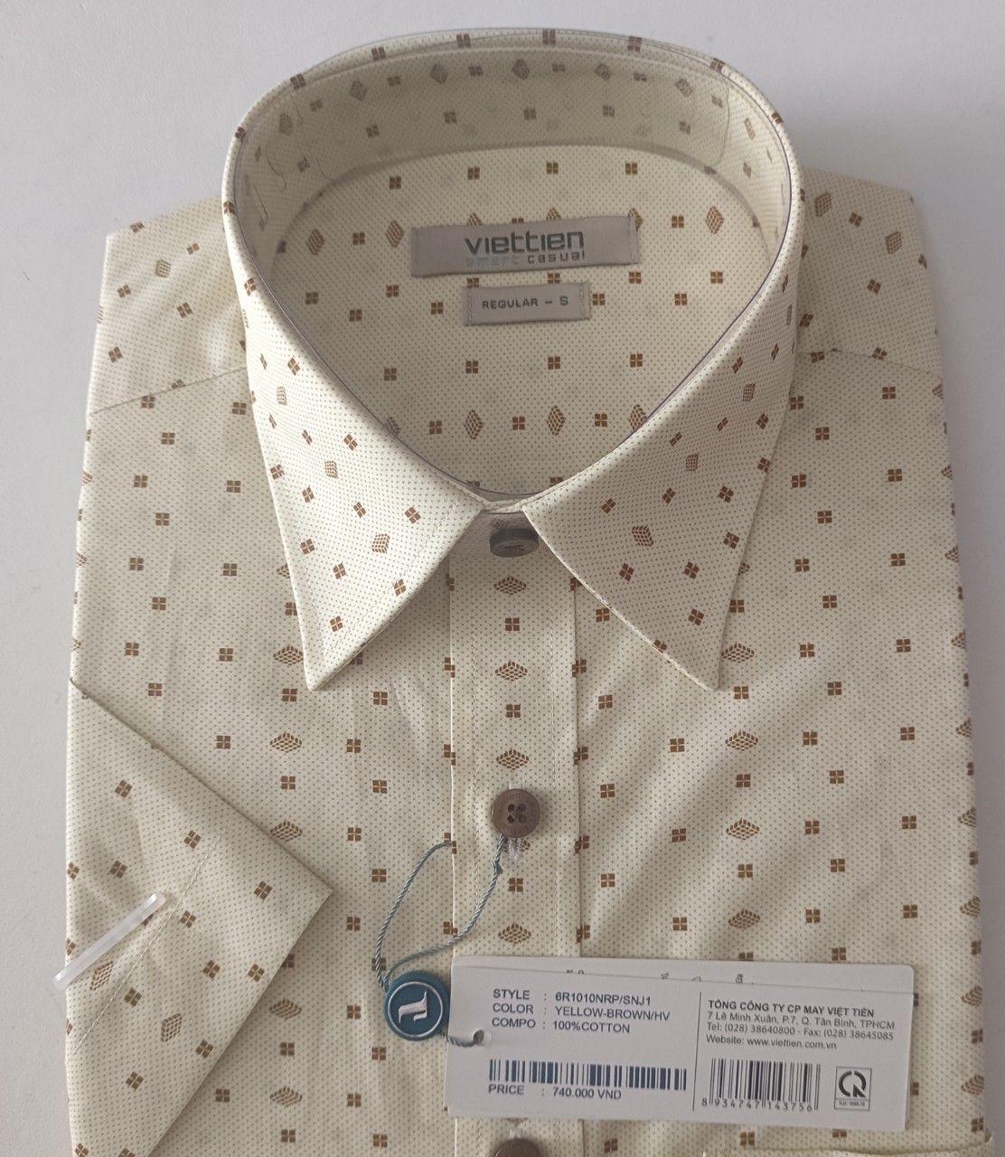 Viettien Áo sơ mi nam Việt Tiến ngắn tay vạt ngang, xẻ sườn Smart Casual Mã 6R1010 NRP/SNJ1 , 100% Cotton