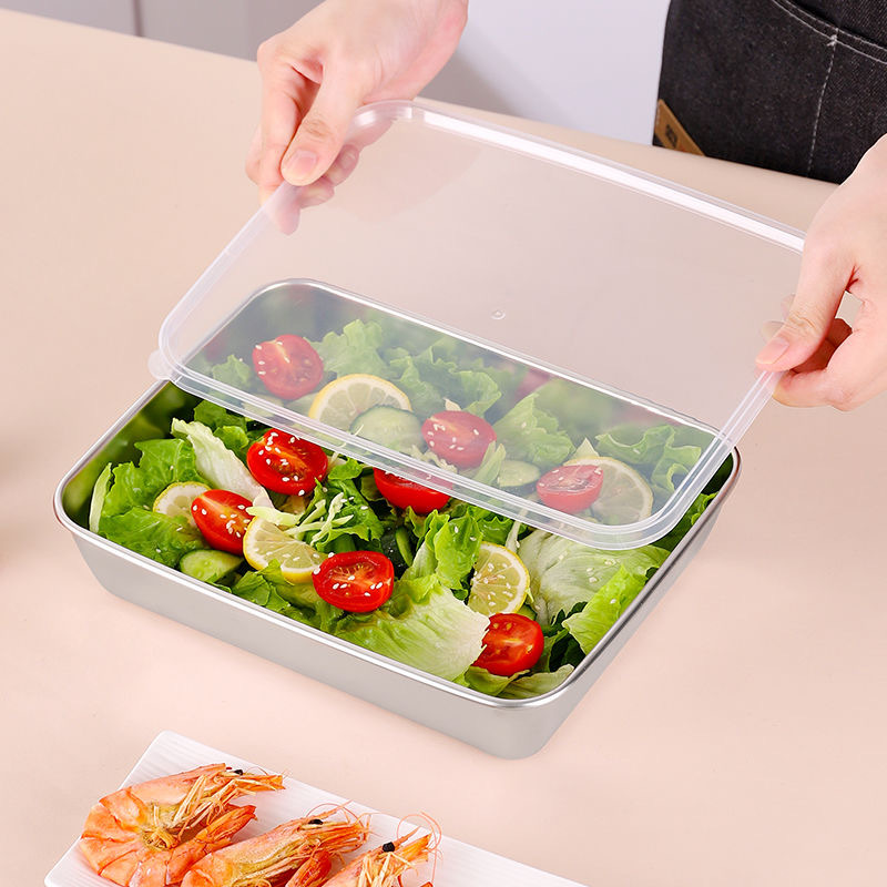 Hộp Đựng Thức Ăn Bằng Inox Cỡ Lớn Có Nắp Đậy, Khay Inox Chữ Nhật Đựng Thực Phẩm
