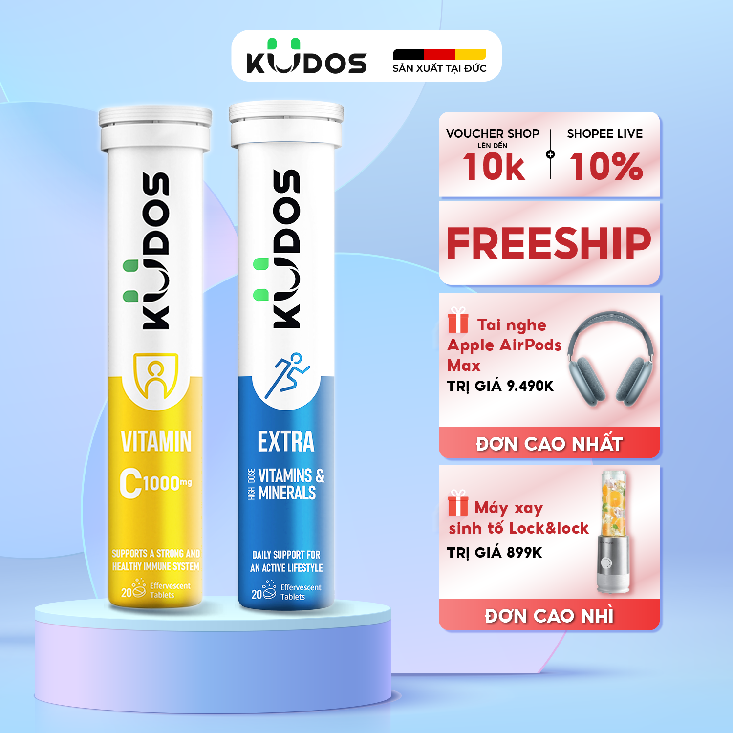 Combo Viên Sủi KUDOS VITAMIN 1000MG + Viên sủi KUDOS EXTRA HIGH DOSE VITAMINS & MINERALS (20 viên/ tuýp)