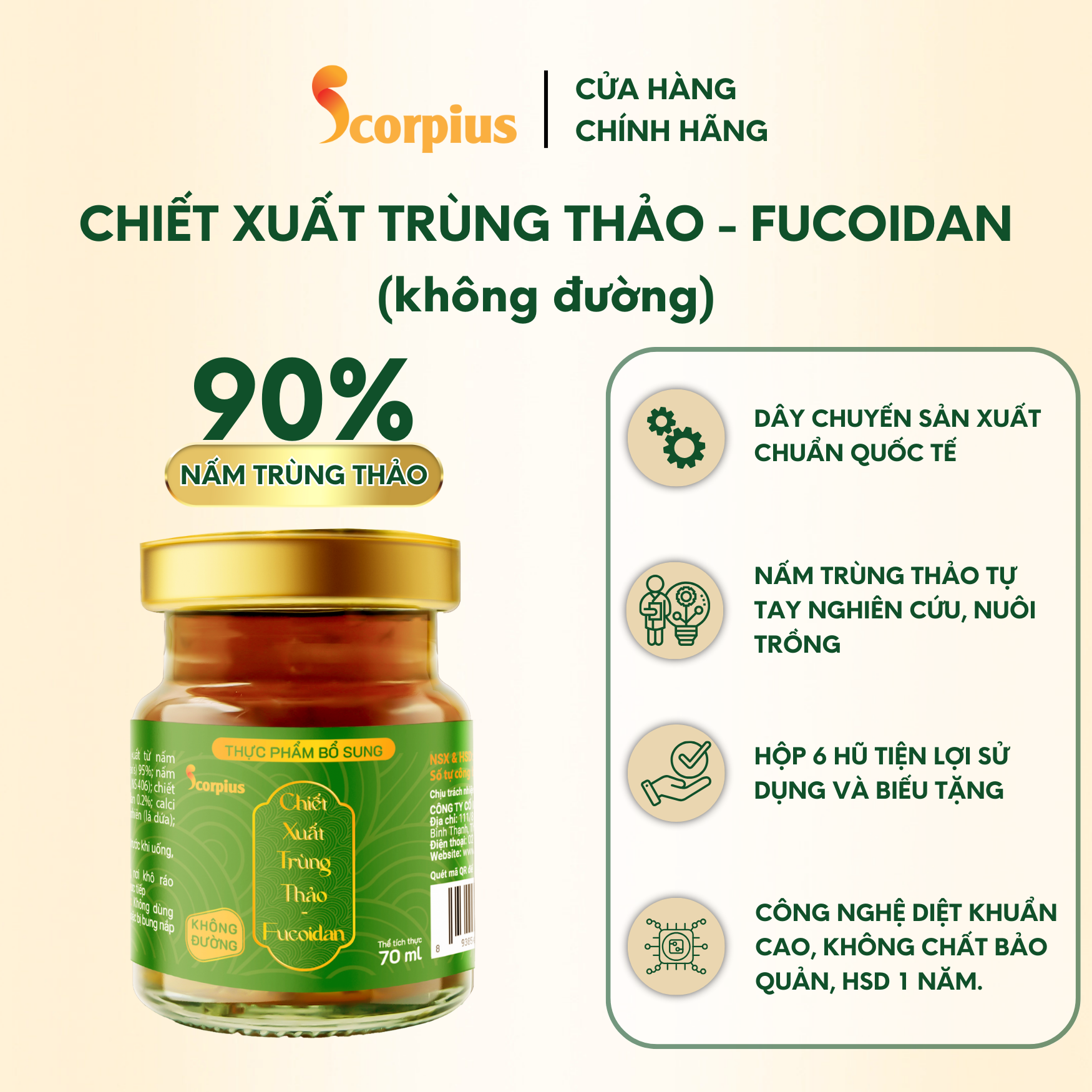 Nước chiết xuất trùng thảo fucoidan không đường SCORIUS 70ml bồi bổ sức khỏe