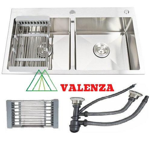 Chậu rửa bát inox sus304 Valenza 7843 hai hố cân kèm rá inox đa năng, bộ xả chậu