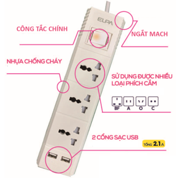 Ổ cắm 3 ổ điện; 1 công tắc; 3m ELPA ESL-VNC33 - HÀNG CHÍNH HÃNG