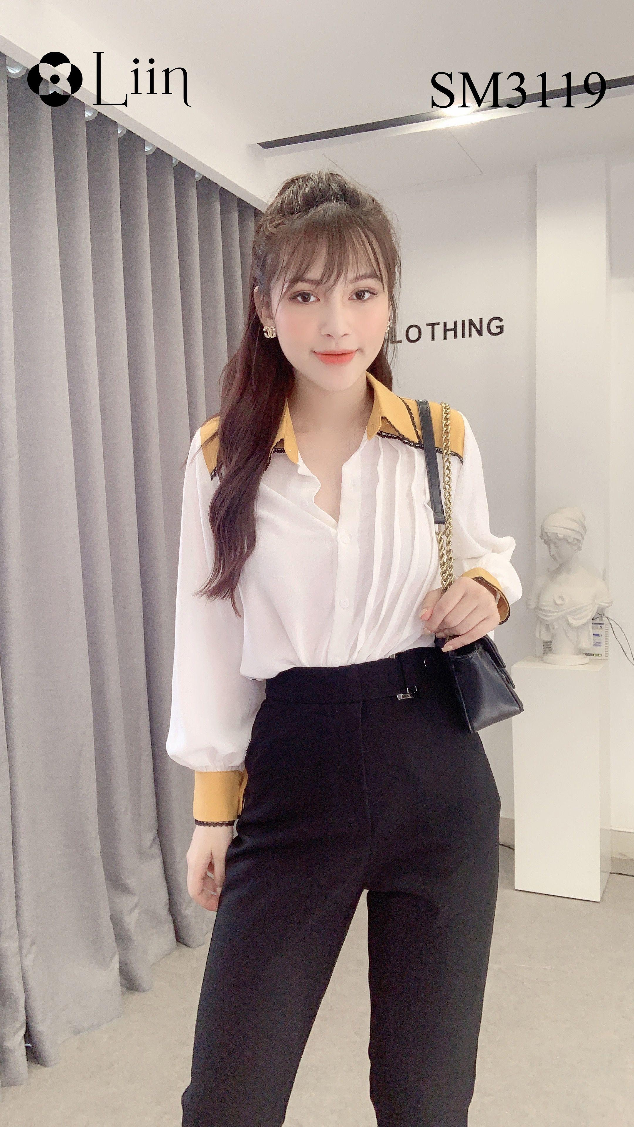 Áo sơ mi nữ màu Trắng Cổ Vàng phối viền bèo xinh xắn LINBI SM3119