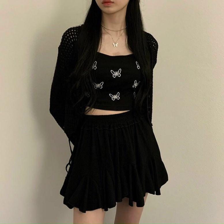 Áo bra 2 dây dáng croptop dây rút sườn hoạ tiết hình bướm có 3 màu đen, ghi, trắng coco land - chất bền