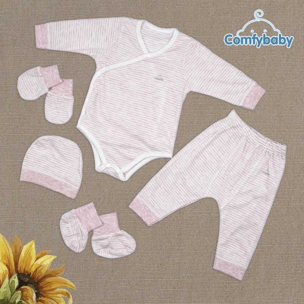 Set Bodysuit giữ ấm sơ sinh 5 món ComfyBaby kẻ sọc màu xanh - 100% Cotton- chính hãng