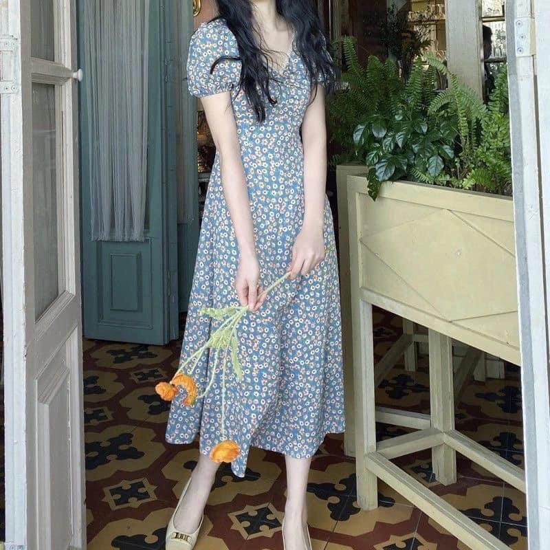 Váy đầm hoa nhí xanh vintage cổ V viền ren tiểu thư V115