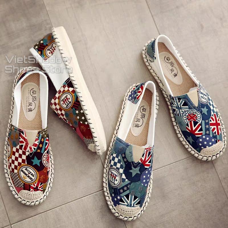 Slip on cói nữ - Giày lười vải nữ họa tiết cờ Anh Quốc - 2 màu và - Mã SP B30