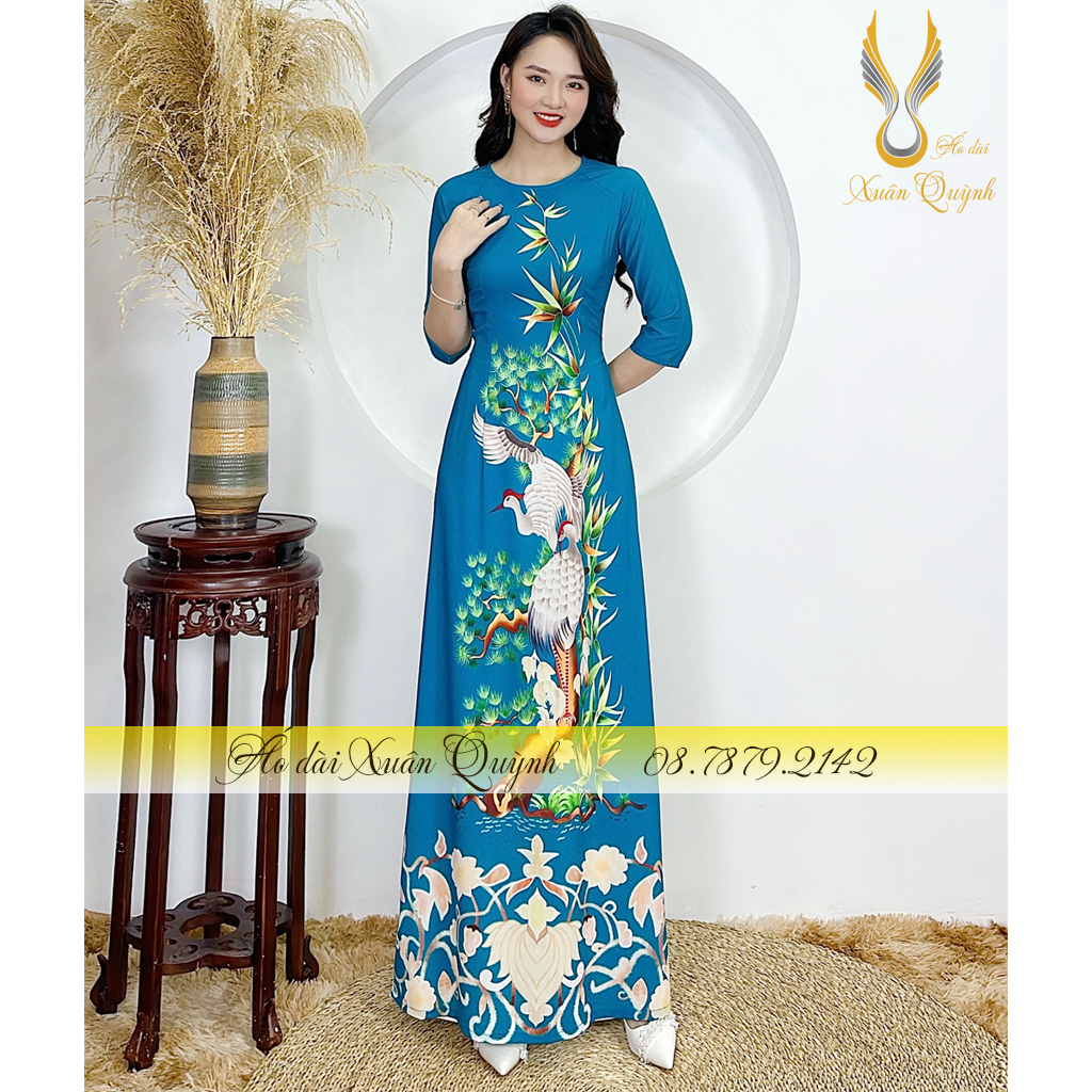 Áo Dài Hoạ Tiết Hồng Hạc Xanh Lam Cây Trúc, Thanh Lịch, Sang Trọng Lụa Habutai Cao Cấp K03 Xanh