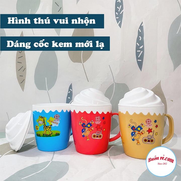 Cốc kem Việt Nhật nhiều họa tiết, Ly kem kèm nắp có quai cầm