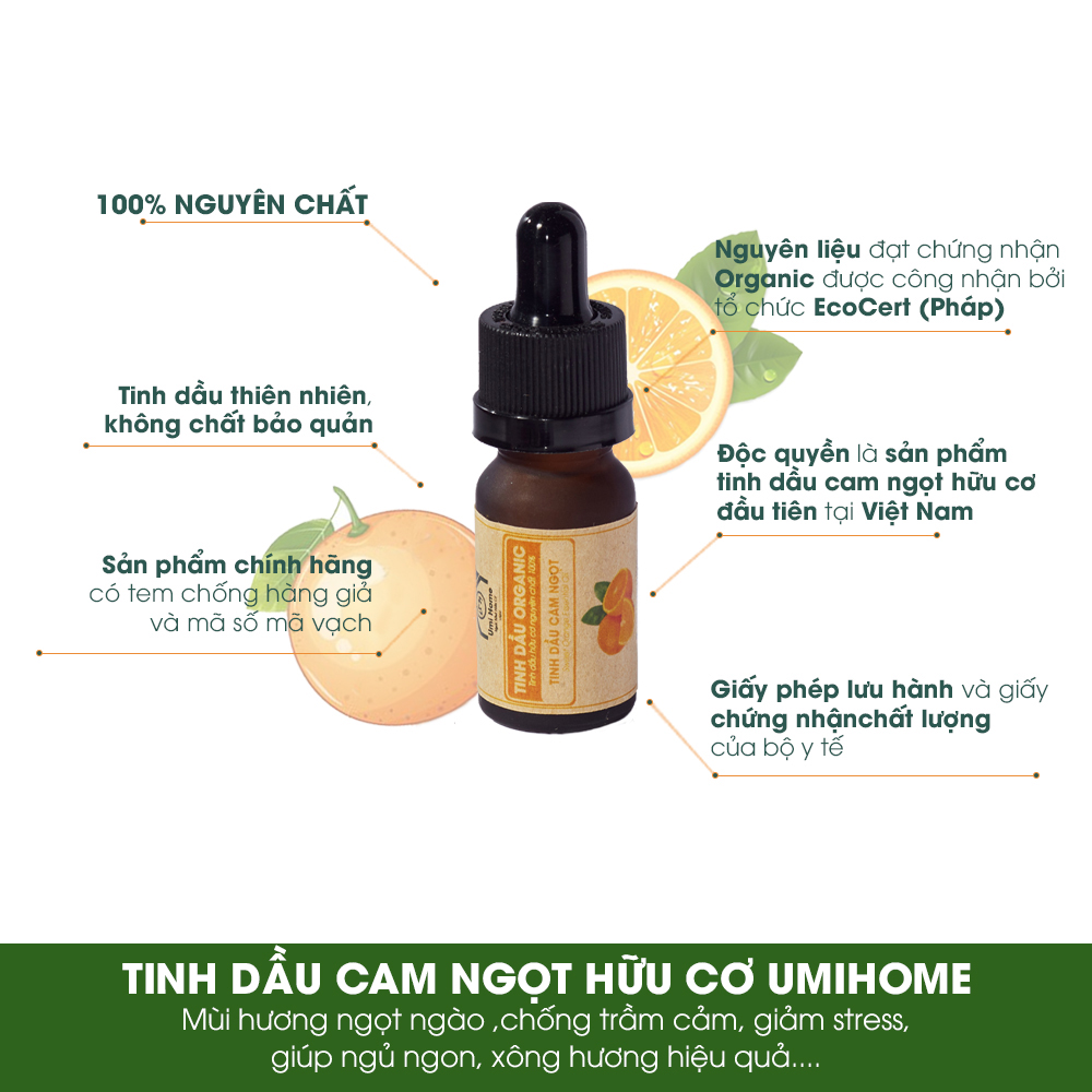 Tinh Dầu Cam Ngọt Nguyên Chất UMIHOME (10ml) - Dùng cho đèn xông hương, khử mùi, thơm phòng