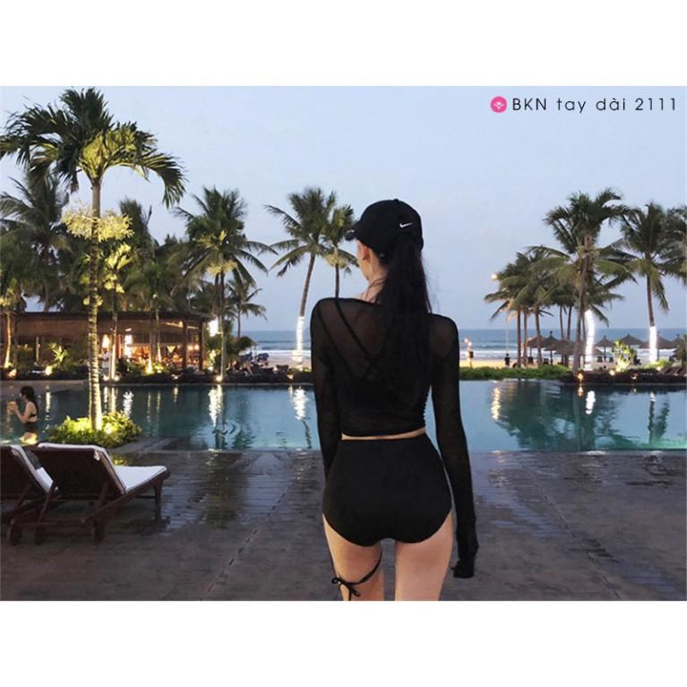 Bikini 3 mảnh dài tay Bộ bơi nữ áo lưới tay dài quần cạp cap sang chảnh