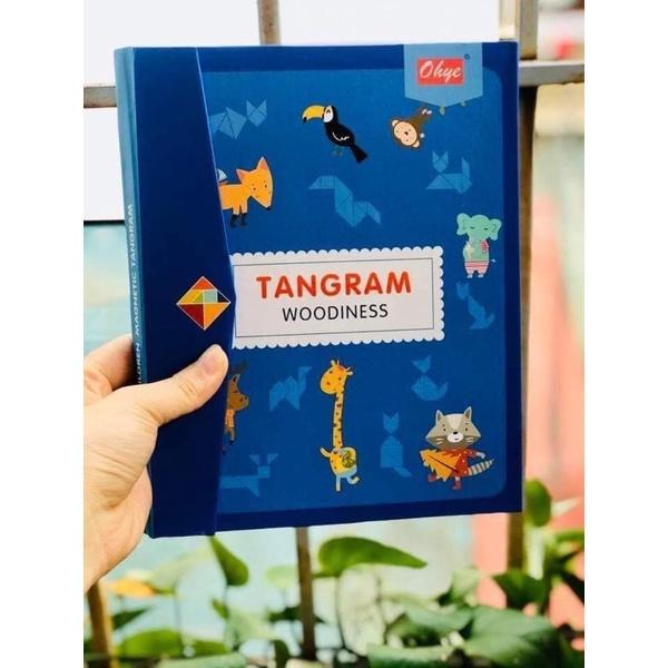 Xếp hình gỗ Tangram nam châm có kèm sách, đồ chơi thông minh cho bé tư duy phát triển trí tuệ