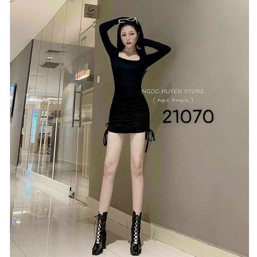 Đầm body cổ vuông tay dài rút dây hông