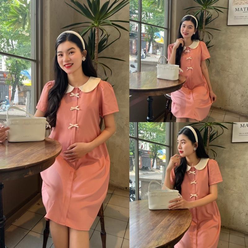 Đầm bầu công sở cổ sen đính 3 nơ dễ thương chất cotton lạnh mềm mịn - Hồng