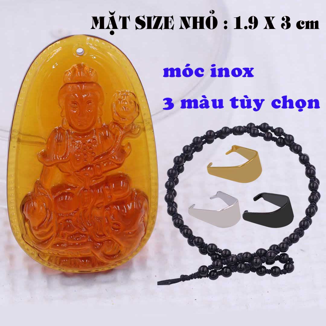Mặt Phật Phổ hiền pha lê cam 1.9cm x 3cm kèm vòng cổ hạt chuỗi đá đen + móc inox vàng, Phật bản mệnh, mặt dây chuyền