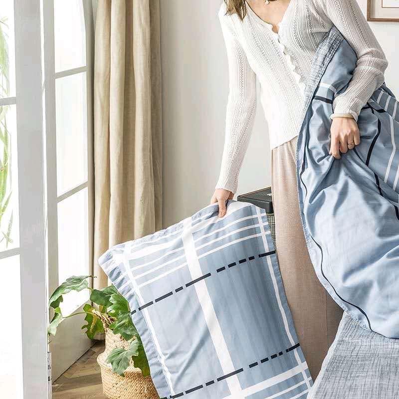 Bộ chăn ga Cotton poly M2T bedding chăn ga Hàn Quốc kẻ chữ M đủ size miễn phí bo chun