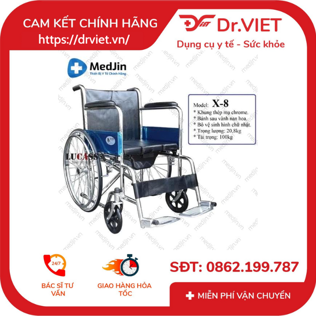 Xe lăn tay vệ sinh tại chỗ Lucass X-8 nhập khẩu giá rẻ chính hãng dành cho người già, bệnh nhân giao hàng lắp đặt tận nơi