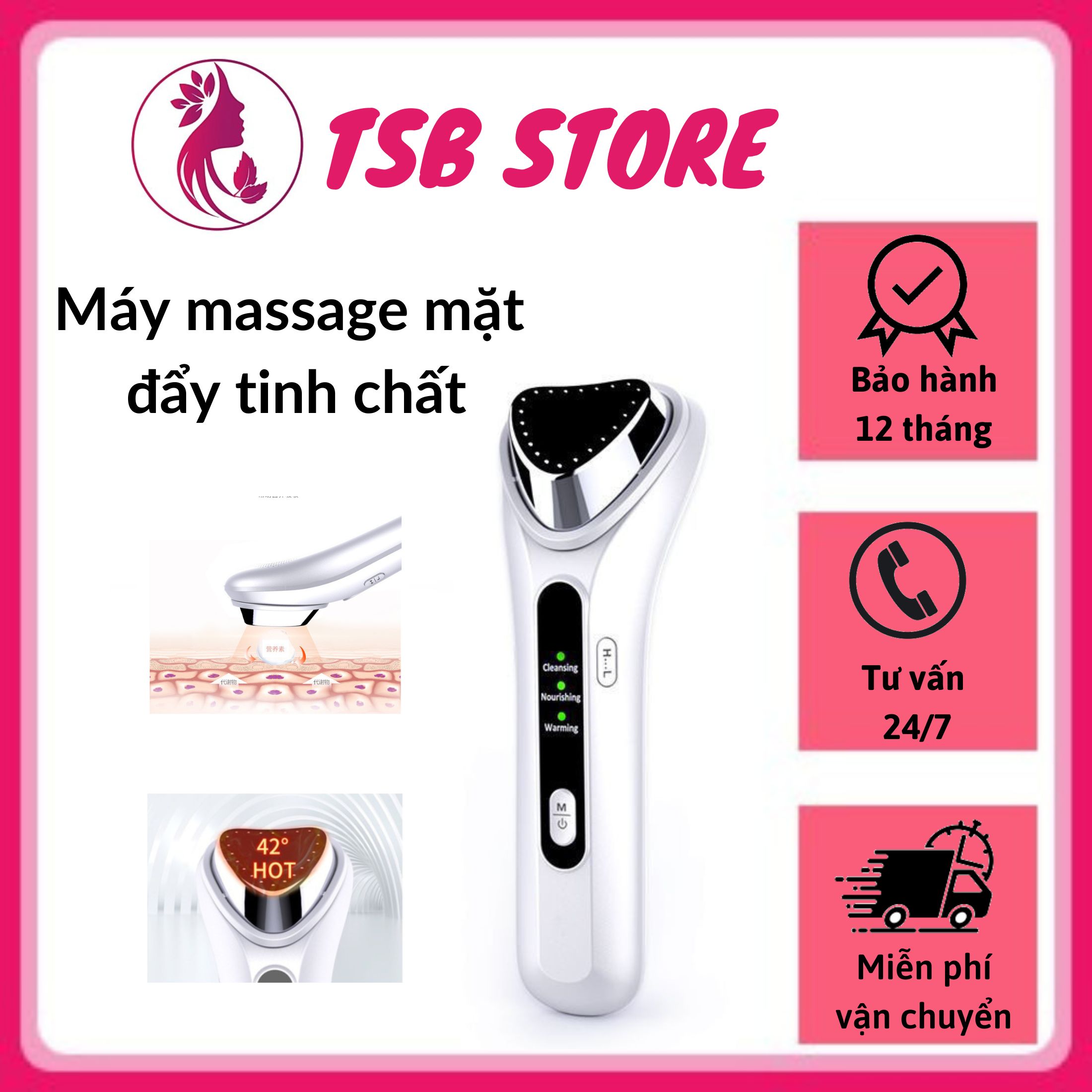 Máy massage mặt đẩy tinh chất cầm tay cao cấp-Máy đẩy tinh chất nóng lạnh điện di ion dưỡng da mặt, làm sạch sáng da, giúp thẩm thấu tinh chất - Dụng cụ massage nâng cơ mặt, trẻ hóa làn da, chăm sóc da mặt chuyên sâu