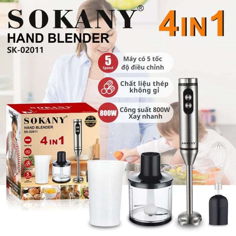 Máy xay sinh tố cầm tay đa năng 4IN1 SOKANY SK-02011, nhiều chức năng, công suất 800W, xay cực khỏe - HÀNG CHÍNH HÃNG - DELIYA