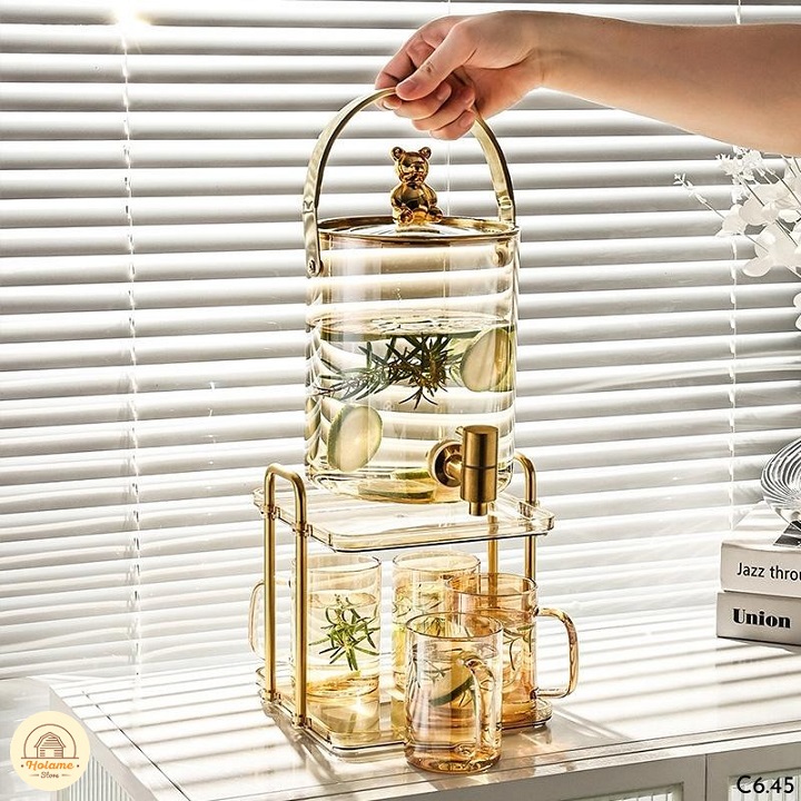 Bình thuỷ tinh vàng – nắp hình gấu vàng kèm giá kê vàng – chịu nhiệt cao cấp