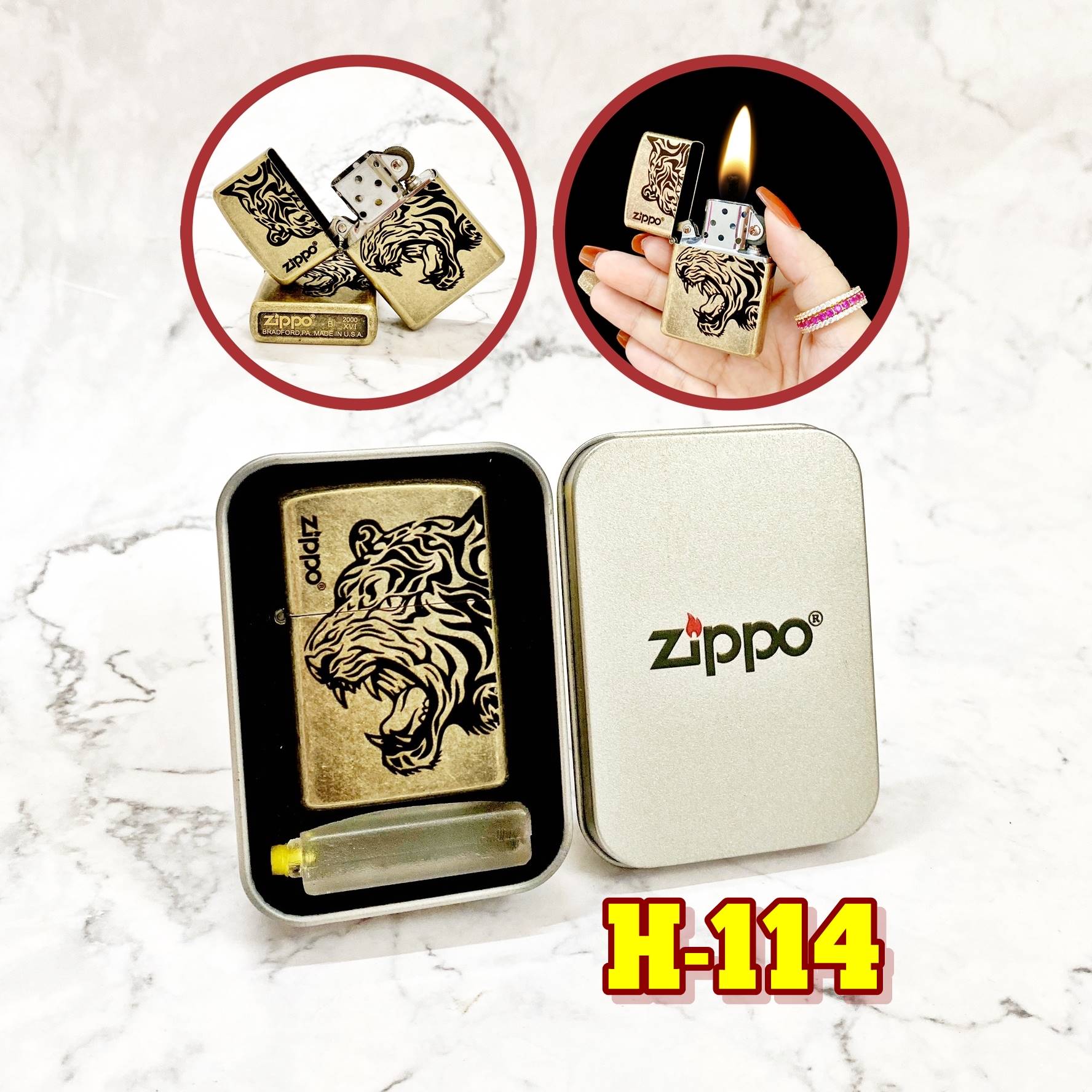 Hộp quẹt bật lửa Zipo vàng cổ hình đầu hổ (có mộc đáy) - (hộp thiếc kèm xăng) H-114