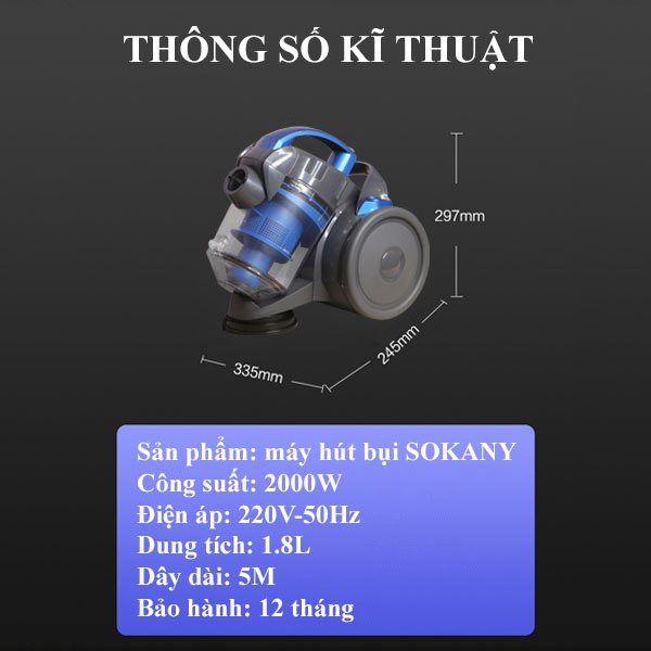 Máy hút bụi cầm tay SOKANY SK3381 công suất cực mạnh 2000W hút được bụi mịn và dễ dàng di chuyển - hàng chính hãng