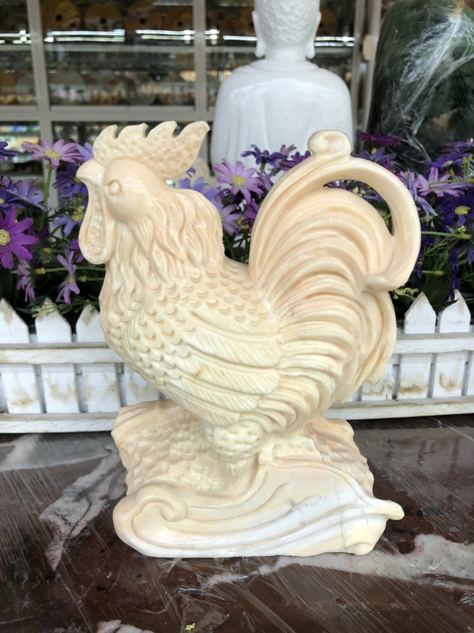 Tượng con gà phong thủy đá cẩm thạch vàng cà rốt trang trí bàn làm việc - Cao 20cm