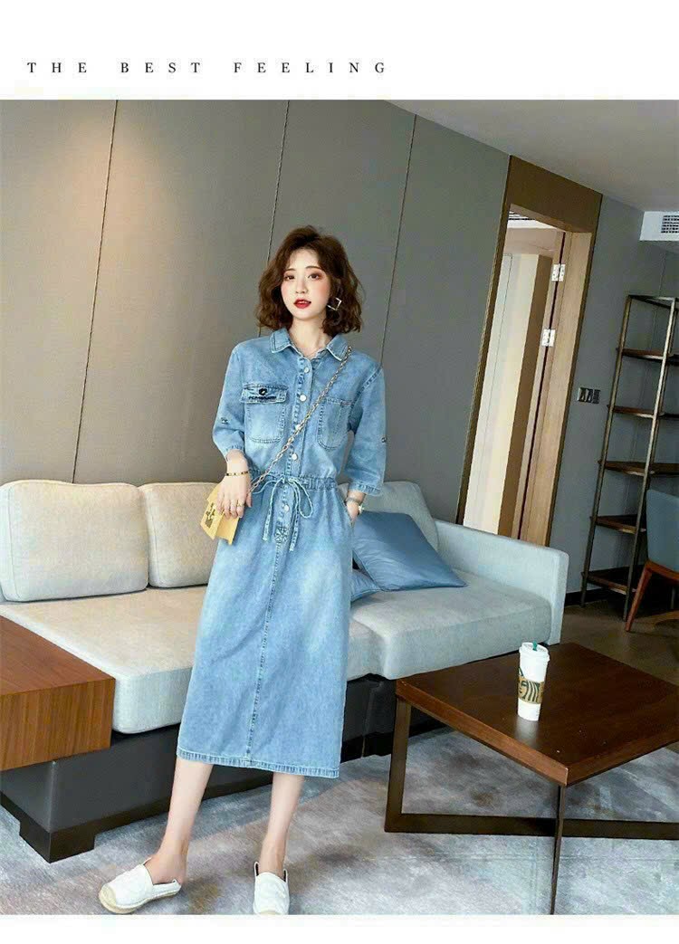 ĐẦM SUÔNG JEAN TÚI HỘP EO RÚT DÂY