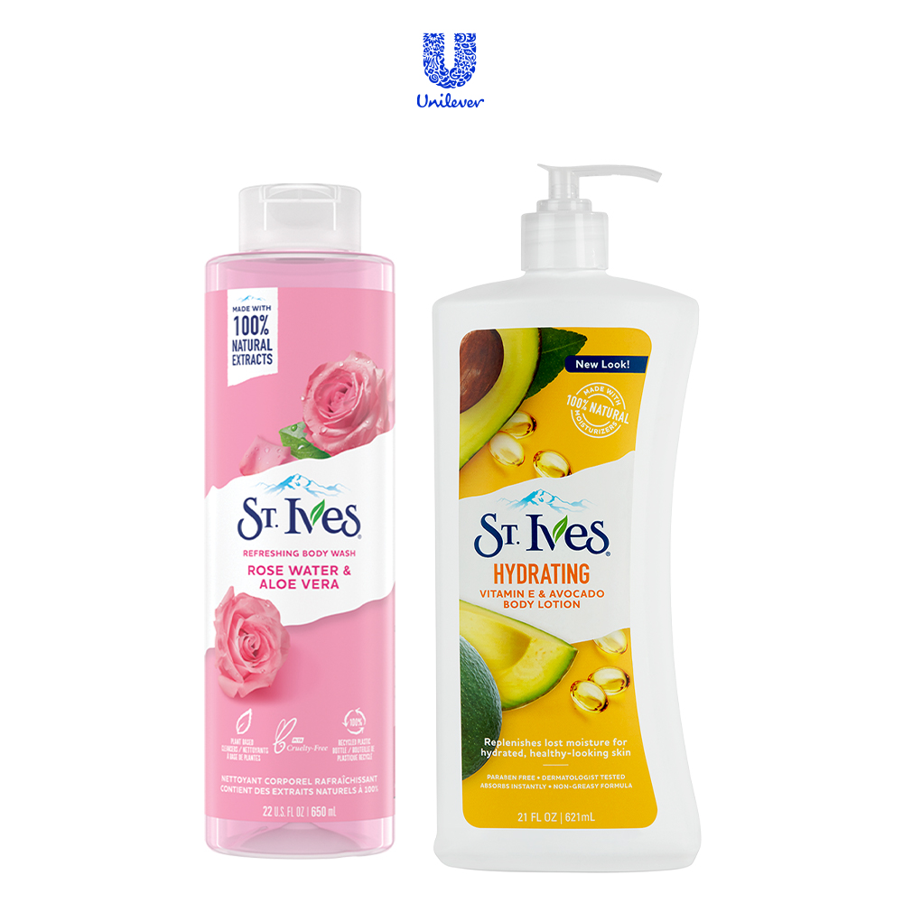 Combo Sữa tắm Hoa Hồng và Lô Hội 650ml &amp; Sữa dưỡng thể St.Ives E và bơ 621ml