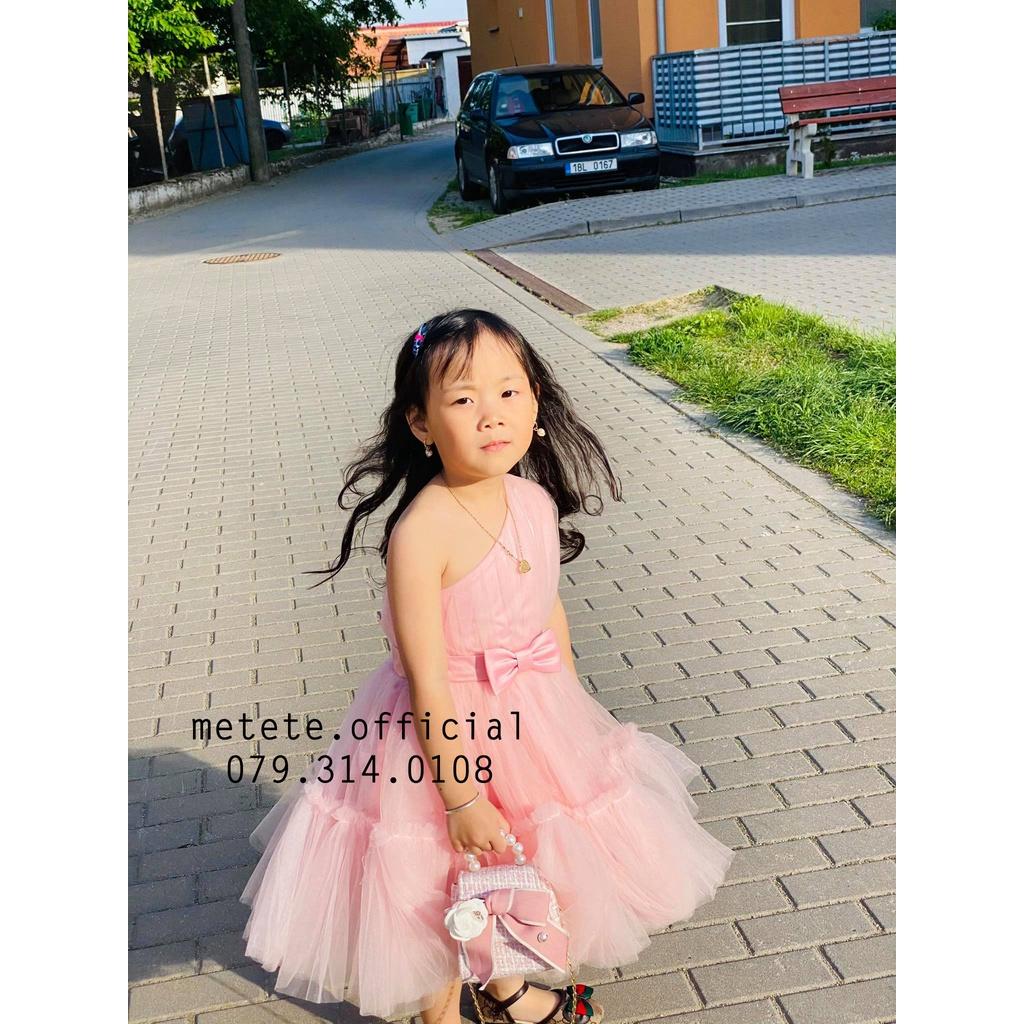 Váy đầm công chúa thiết kế cho bé gái lệch vai thắt nơ eo bồng bềnh voan mềm mại - Mẹ Tê Tê