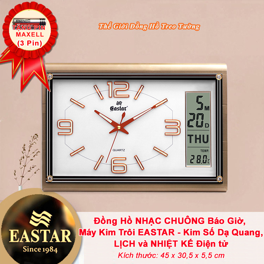 Đồng hồ NHẠC CHUÔNG BÁO GIỜ WESTMINSTER - Máy KIM TRÔI EASTAR có DẠ QUANG - LỊCH VẠN NIÊN và NHIỆT KẾ - Mặt Chữ Nhật Kính Tràn Viền - Tặng 4 Pin Maxell