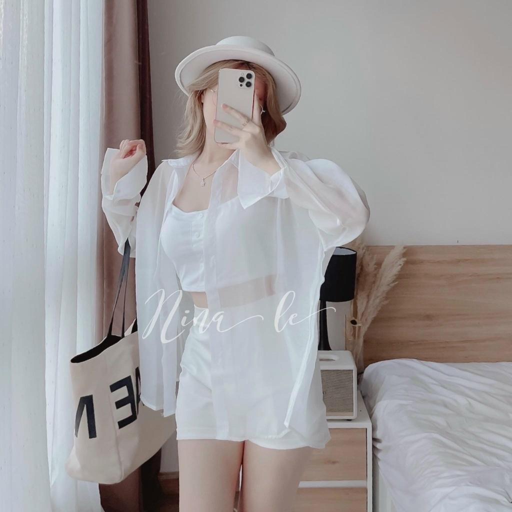 Set 3 món trắng áo crop 2 dây kèm khoác sơ mi tay dài phối quần đùi short mâu nina lê cá tính thể thao