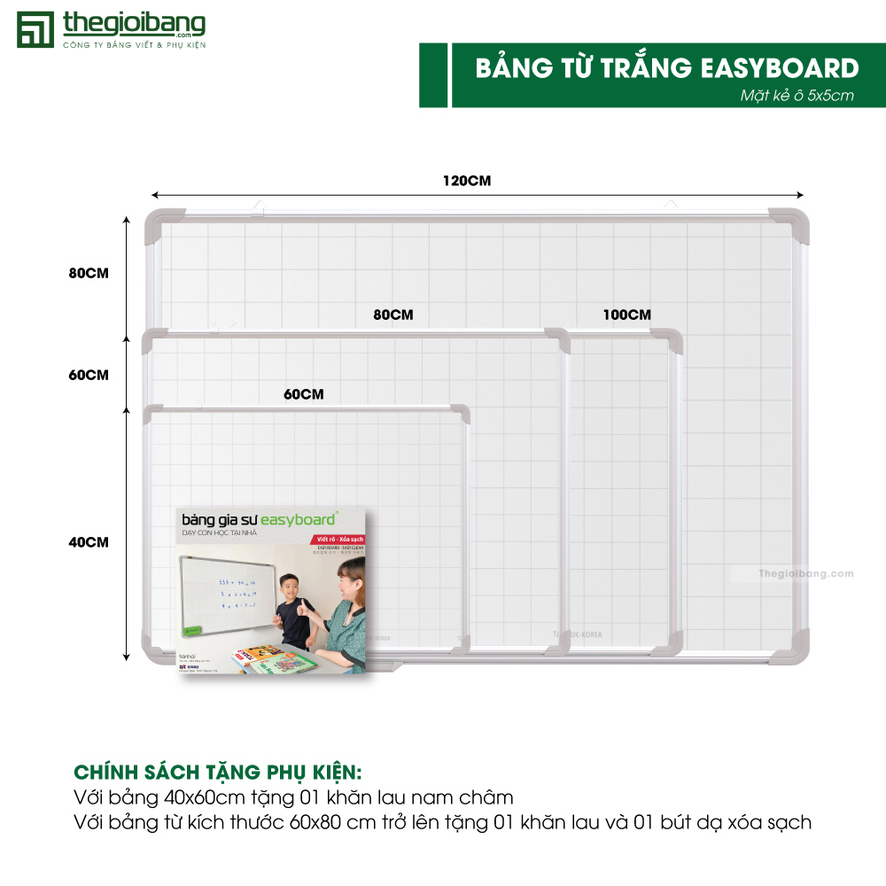 Bảng Từ Trắng Treo Tường Easyboard Hàn Quốc - Tân Hà - Kích Thước 60x80cm - Tặng Phụ Kiện