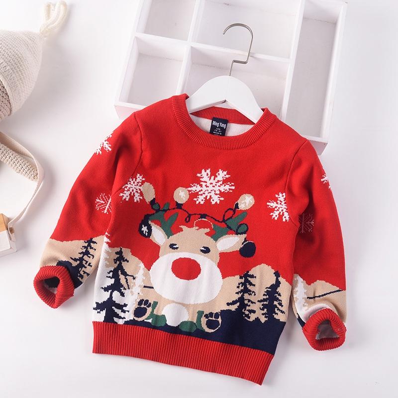 Áo len Noel cho bé 2-7 tuổi  2 lớp, Áo len đỏ bé trai và bé gái hình ngộ nghĩnh đanh sợi không bai xù