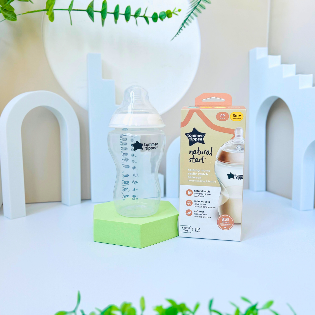 Combo Bình Sữa Tommee Tippee Natural Start Ty Siêu Mềm Tự Nhiên 340ml & Núm Ty Silicon Thay Thế 6M+