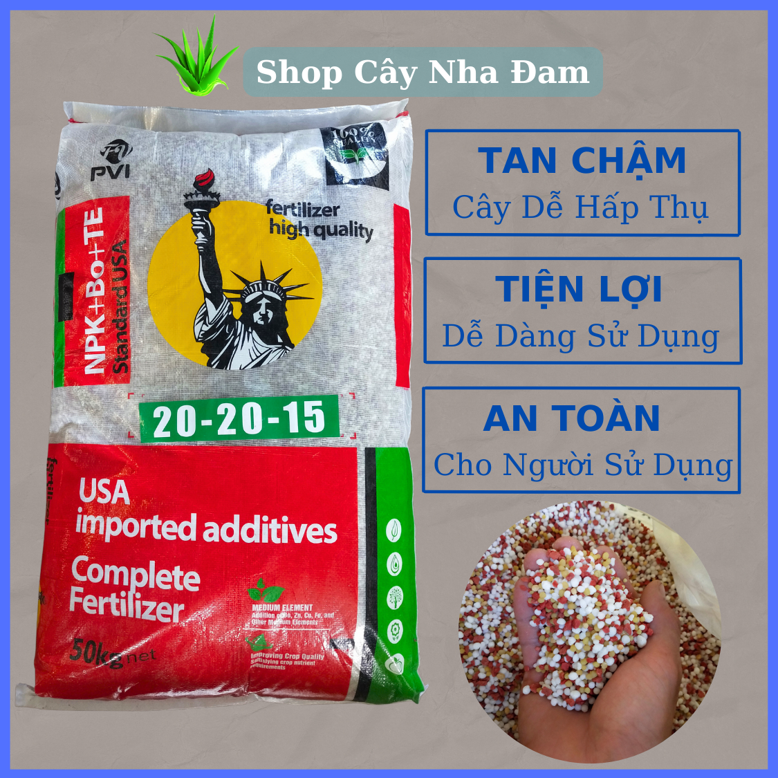 Phân NPK 20-20-15+TE+BO USA Cao Cấp Chuyên Hoa Màu Cây Cảnh (1KG)