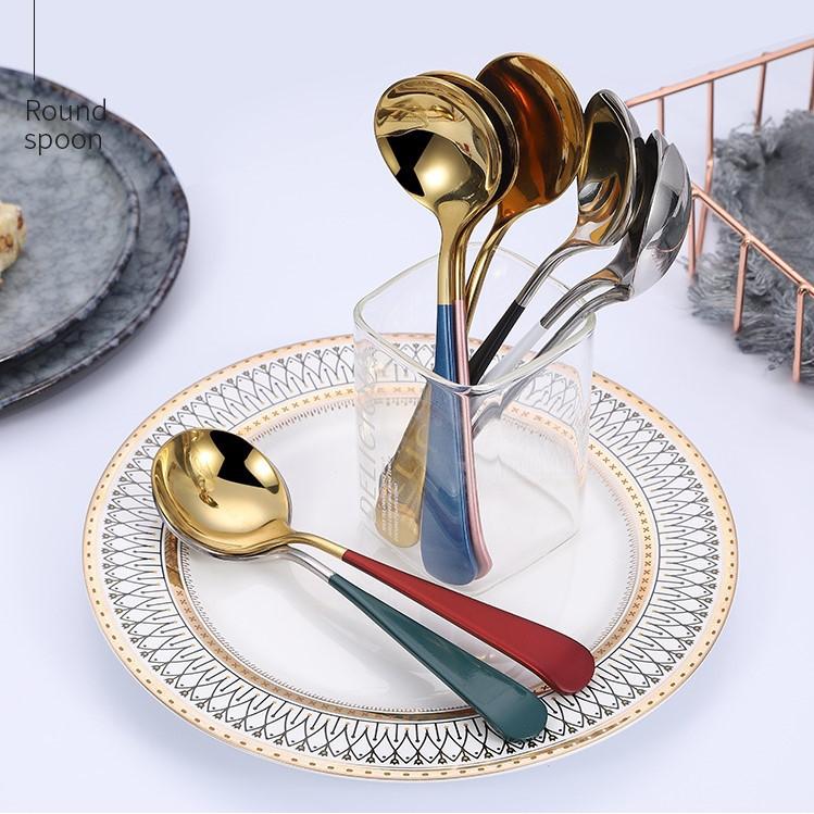 Thìa Inox Mạ Vàng Ăn Cơm Khuấy Cà Phê Cán Dài Nhiều Màu Sang Trọng