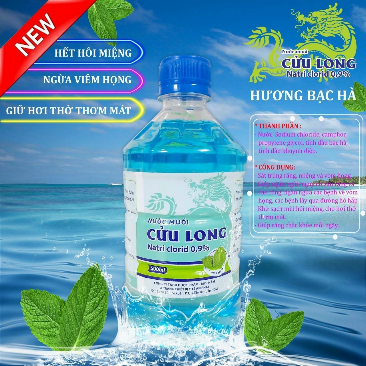 Nước Muối Sinh Lý Súc Miệng Cửu Long Hương Bạc Hà - Natri Clorid 0,9% (500ml)